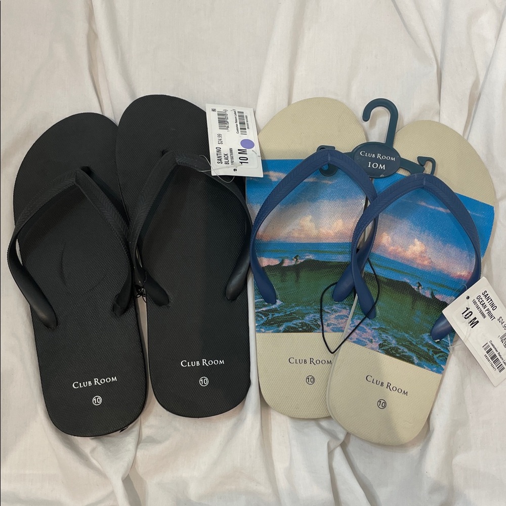2 pair LOT •CLUB ROOM• Santino Men’s Flip Flops // black & ocean print // NWT